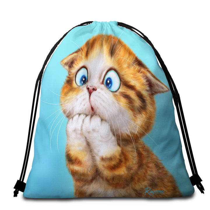 Funny Kittens Beach Towel Bags Worried Ginger Kitty Cat over Blue