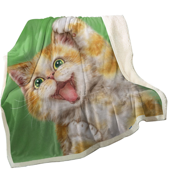 Funny Kittens Blankets Joyful Ginger Kitty Cat over Green