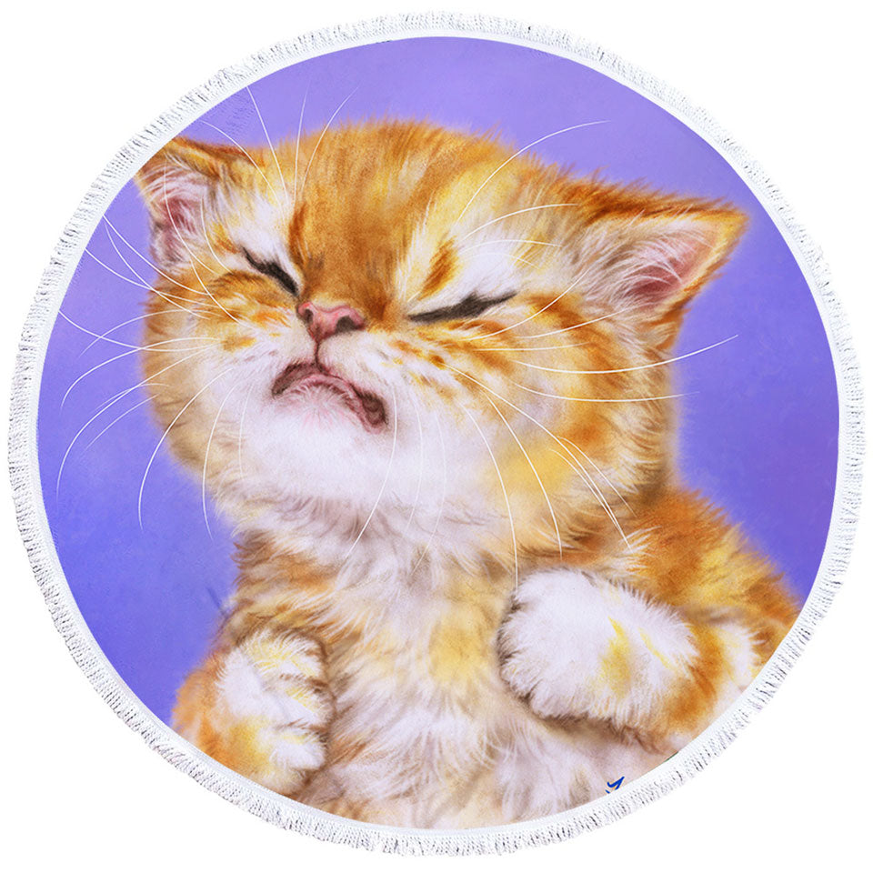 Funny Kittens Circle Beach Towel Upset Ginger Kitty Cat over Purple