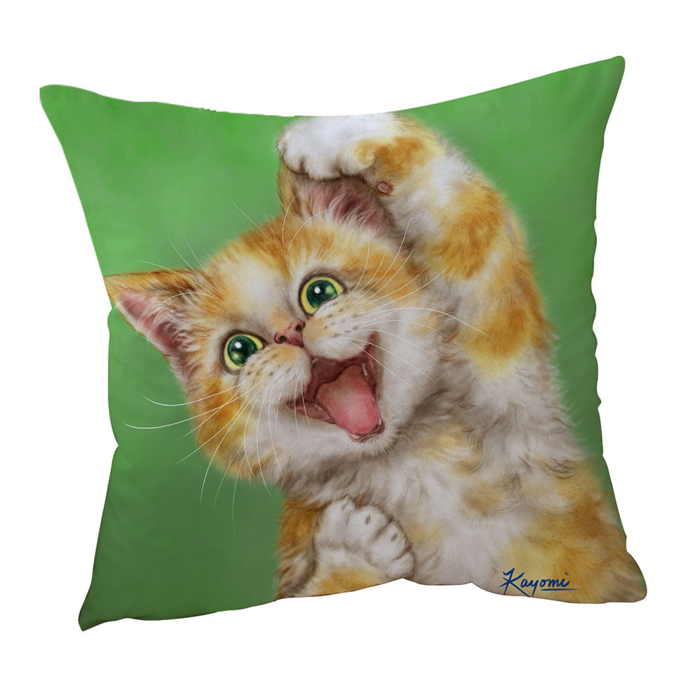 Funny Kittens Cushion Cover Joyful Ginger Kitty Cat over Green