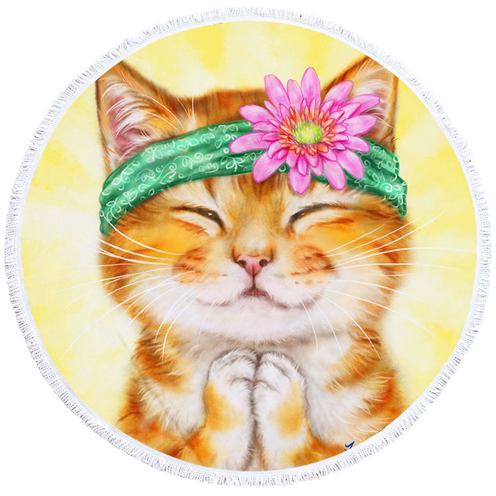 Funny Kittens Flower Hippie Girly Round Beach Towel Ginger Cat