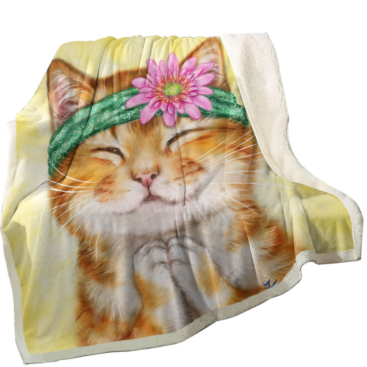 Funny Kittens Flower Hippie Girly Throw Blanket Ginger Cat