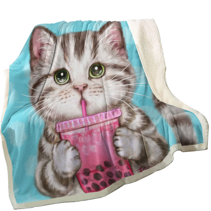 Funny Kittens Sofa Blankets Adorable Grey Tabby Cat Enjoying Tea