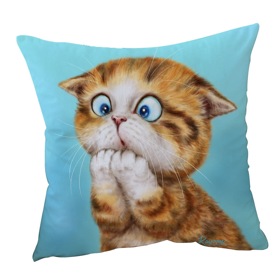 Funny Kittens Sofa Pillows Worried Ginger Kitty Cat over Blue