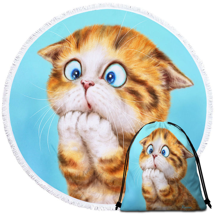 Funny Kittens Travel Beach Towel Worried Ginger Kitty Cat over Blue