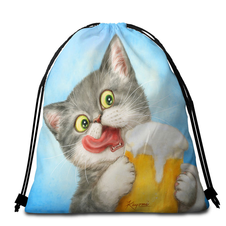 Funny Packable Beach Towel Cats Art Crazy for Beer Grey Kitten