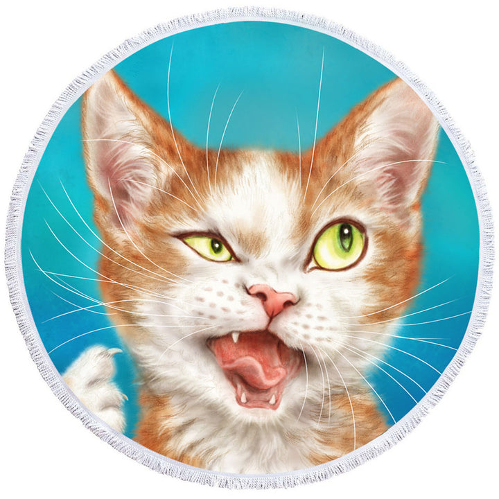 Funny Round Beach Towel Cat Drawings Cool Looking Kitty