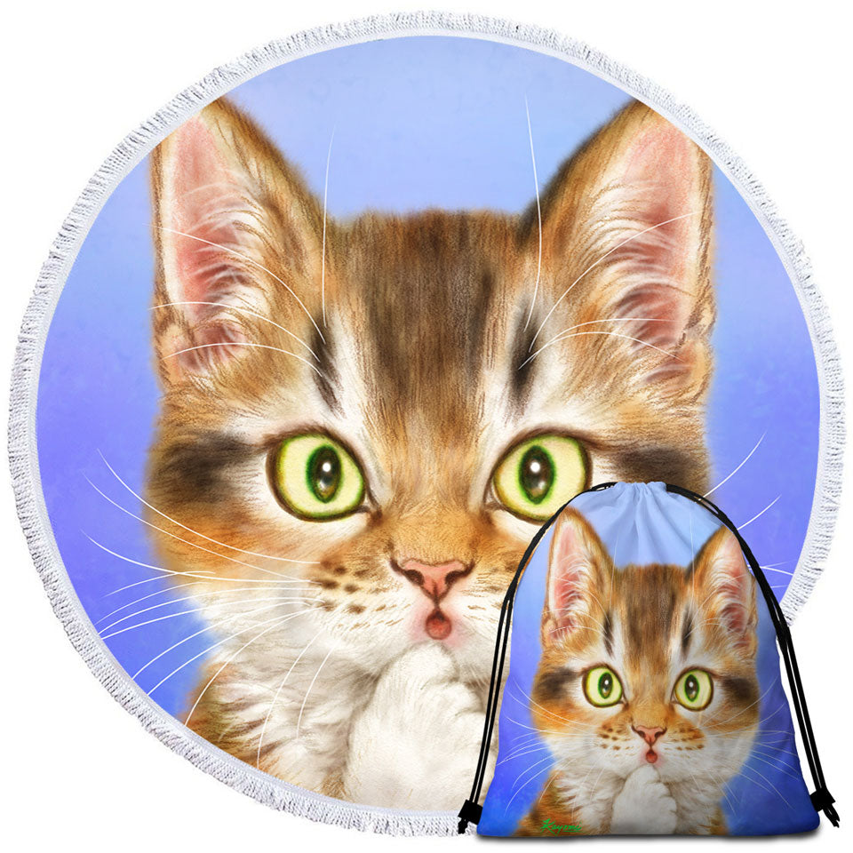 Funny Round Beach Towel Cat Faces Drawings Surprised Kitten