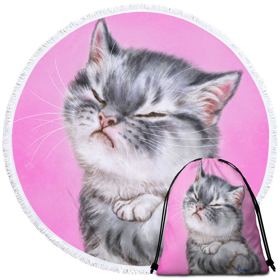 Funny Round Beach Towel Cats Angry Grey Tabby Kitty Cat