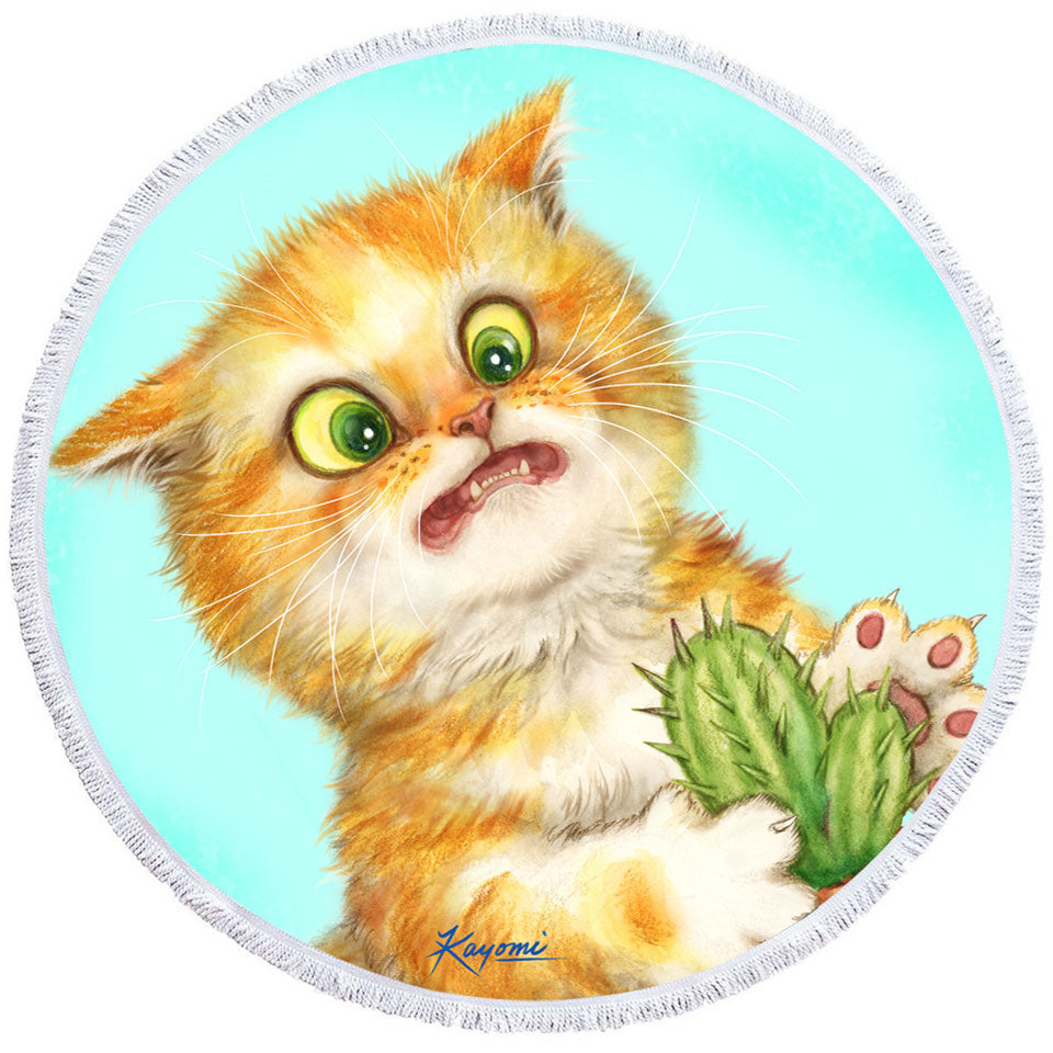 Funny Round Beach Towel Ginger Cat Playing with a Cactus