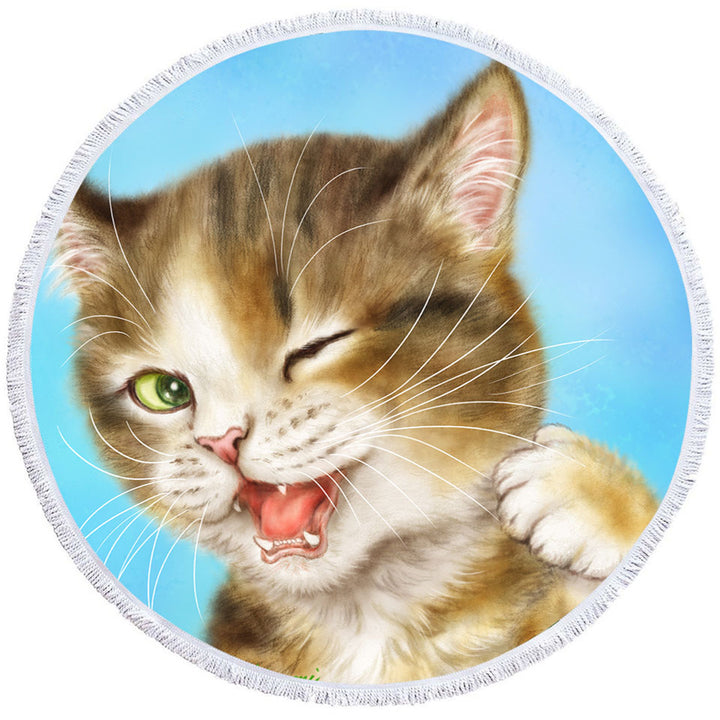 Funny Round Towel for Boys Cats Winking Little Kitty