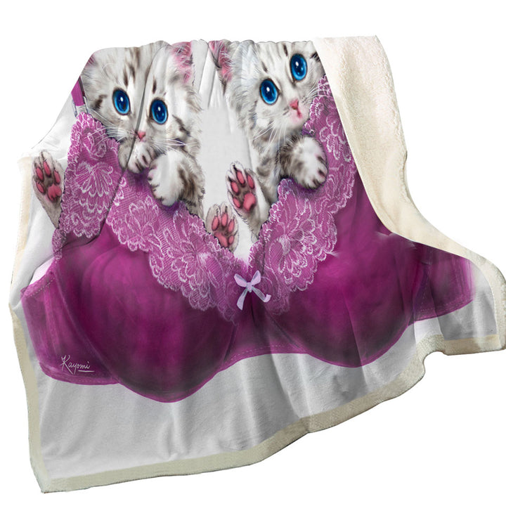 Funny Sherpa Blanket Cats in Purple Bra Cute Grey Kittens