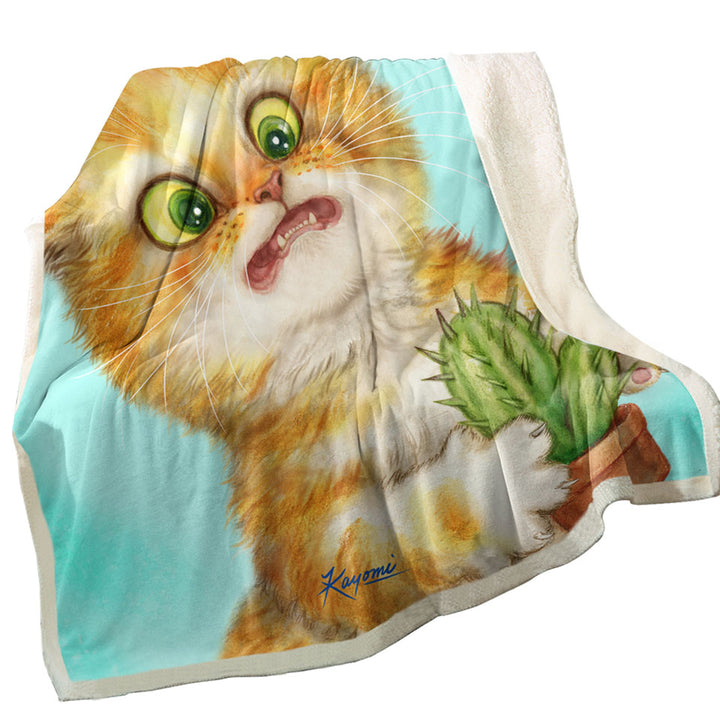 Funny Sherpa Blanket Ginger Cat Playing with a Cactus