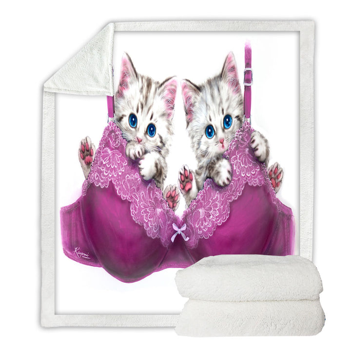 Funny Throw Blankets Cats in Purple Bra Cute Grey Kittens