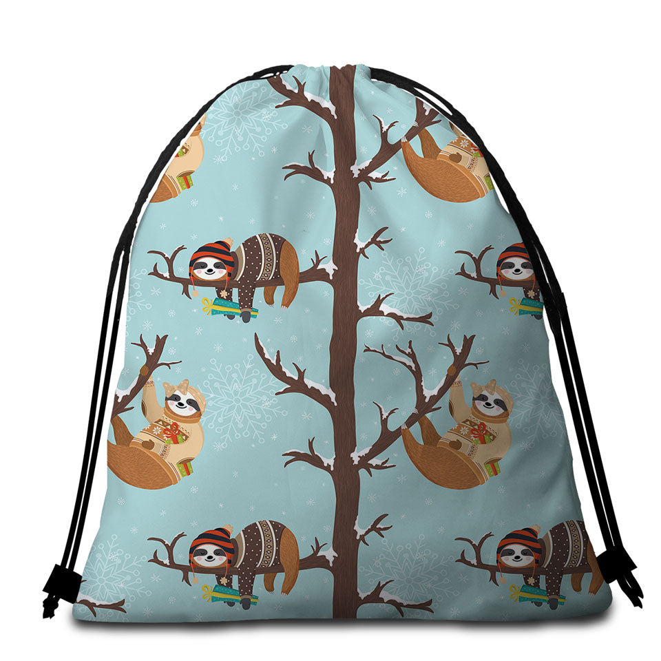 Funny Wintery Sloths Beach Towel Bags