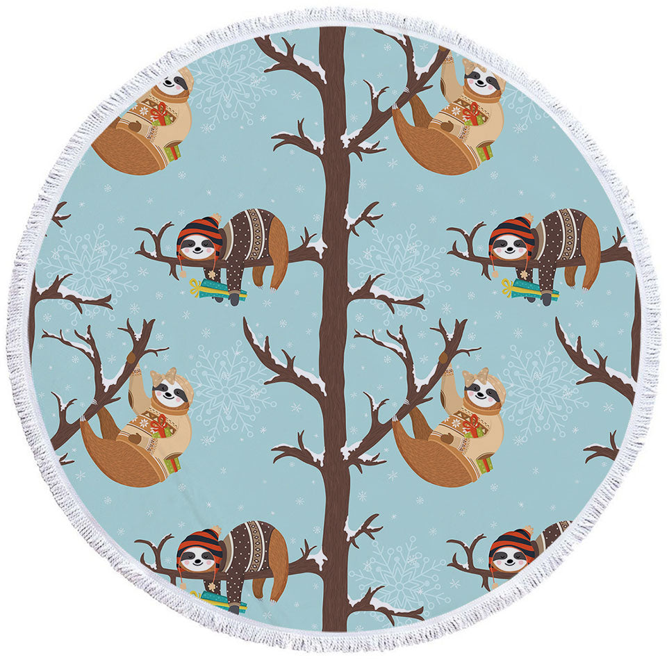 Funny Wintery Sloths Circle Beach Towel