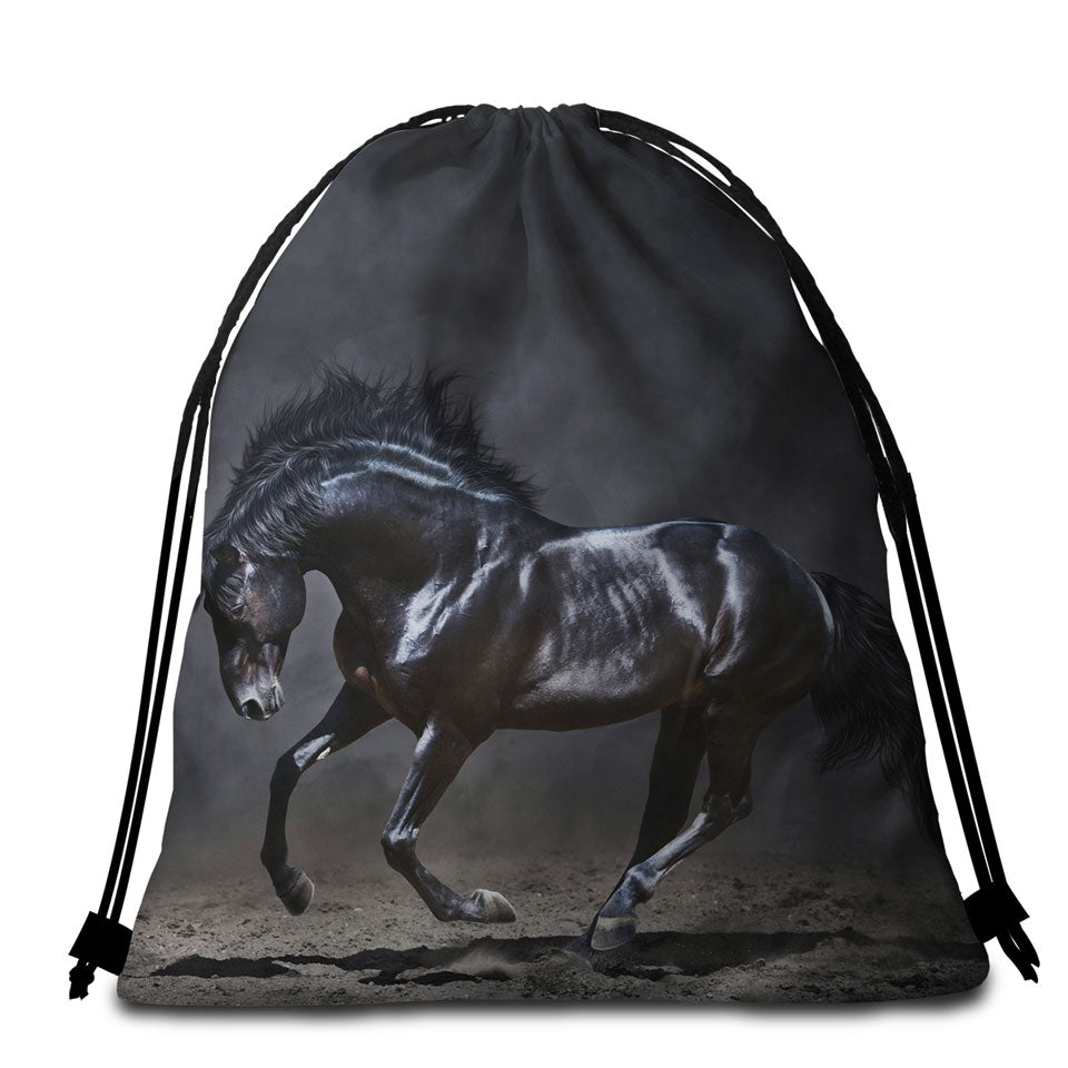 Galloping Black Horse Packable Beach Towel