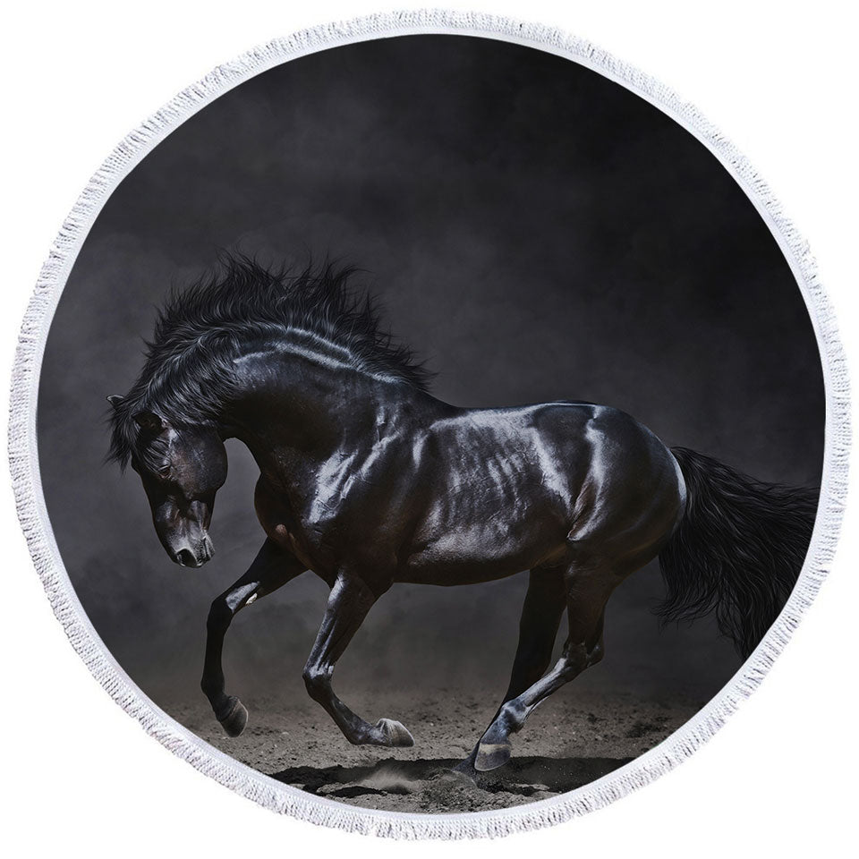 Galloping Black Horse Round Towel