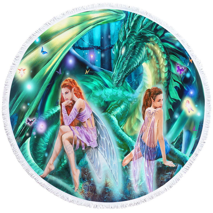 Gemini Mischief Fairies and Dragon Circle Beach Towel