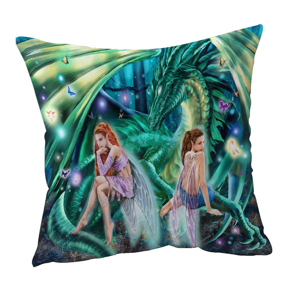 Gemini Mischief Fairies and Dragon Throw Pillow