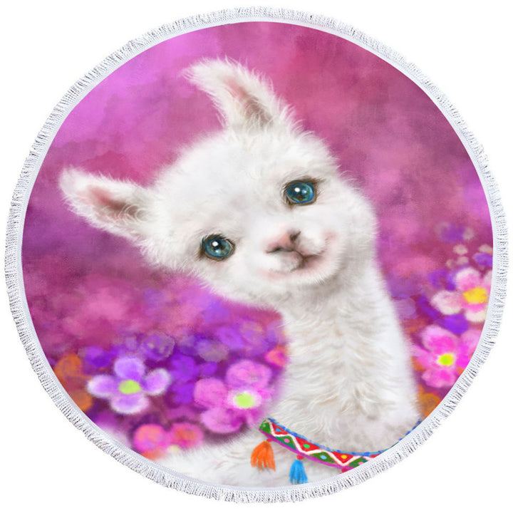 Girls Art Designs Purplish Happy Llama Round Beach Towel