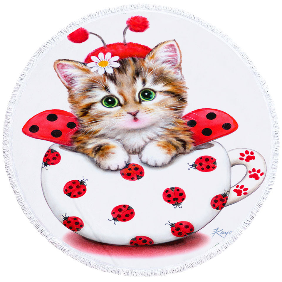 Girly Cat Art Drawings the Cup Kitty Lady Bug Circle Beach Towel