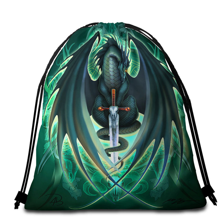 Green Beach Towel Bags Fantasy Weapon Dragon Sword Skull Blade