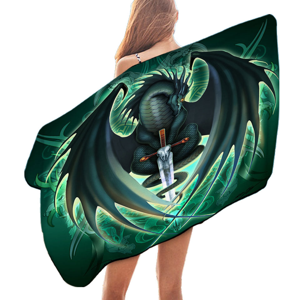 Green Beach Towels Fantasy Weapon Dragon Sword Skull Blade