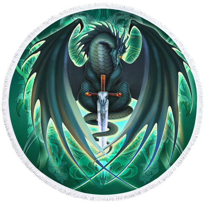 Green Circle Beach Towel Fantasy Weapon Dragon Sword Skull Blade