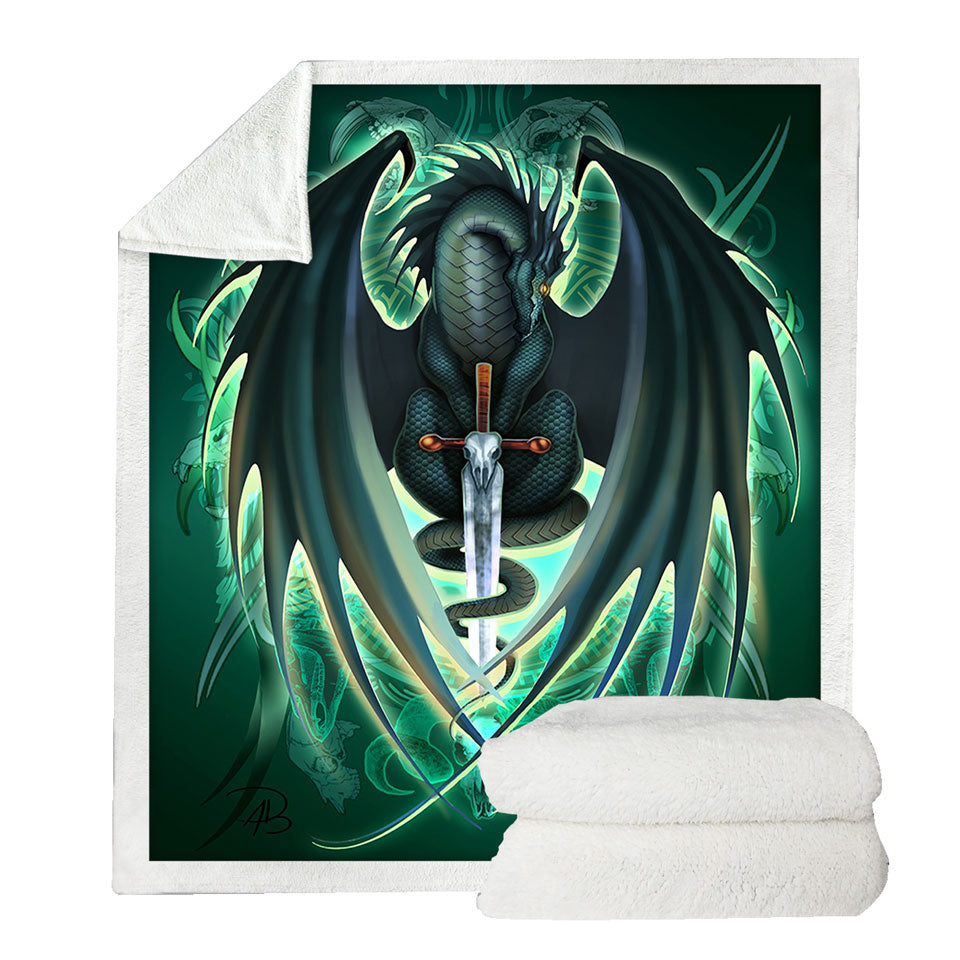 Green Fleece Throws Fantasy Weapon Dragon Sword Skull Blade