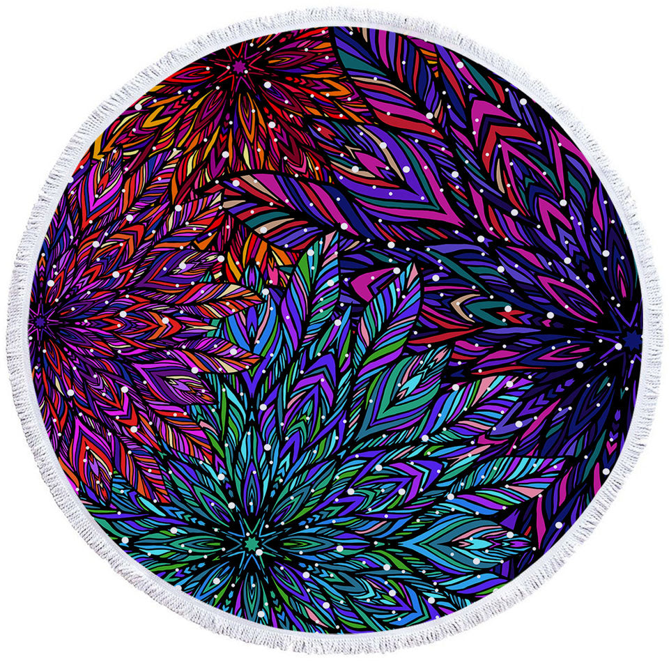 Green Purple Artistic Circle Beach Towel Feathers Design