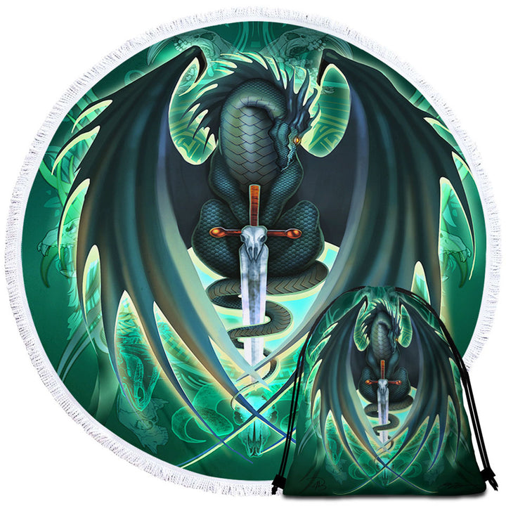 Green Round Beach Towel Fantasy Weapon Dragon Sword Skull Blade