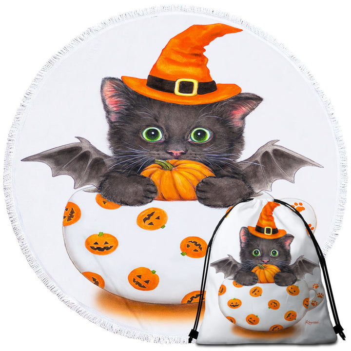 Halloween Unusual Beach Towels Cat the Pumpkin Cup Bat Kitten