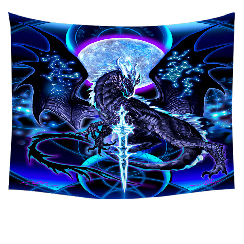 Hanging Fabric On Wall Cool Fantasy Weapon Blue Dragon Night Blade Tapestry