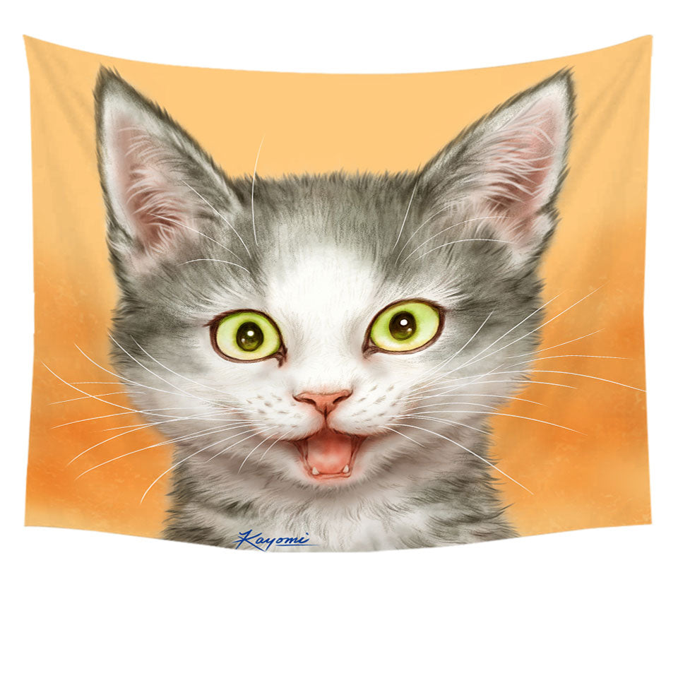 Happy and Joyful Grey Kitten over Orange Tapestry