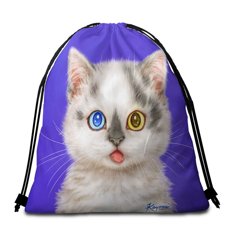 Heterochromia Eyes Beach Towels and Bags Set White Grey Kitty Cat