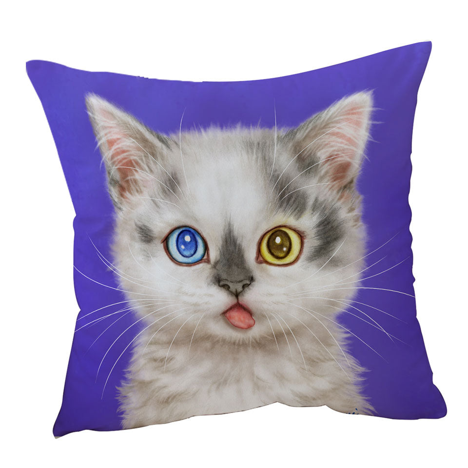 Heterochromia Eyes Cushion Covers White Grey Kitty Cat