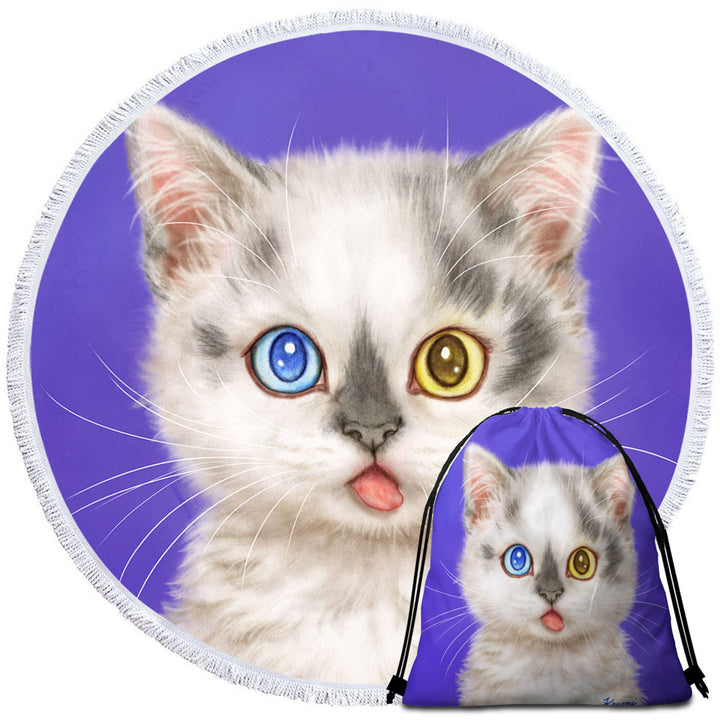 Heterochromia Eyes Round Beach Towel White Grey Kitty Cat