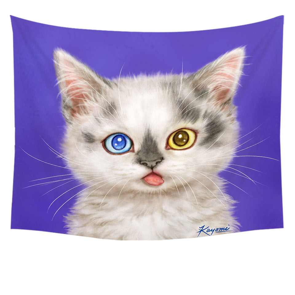 Heterochromia Eyes Tapestry White Grey Kitty Cat