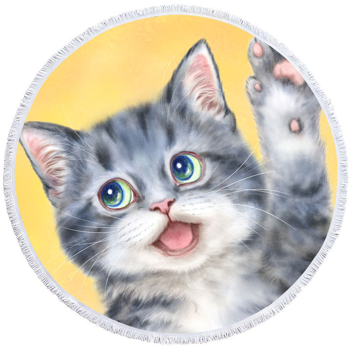 Hi Happy Round Beach Towel Cute Grey Kitty Cat