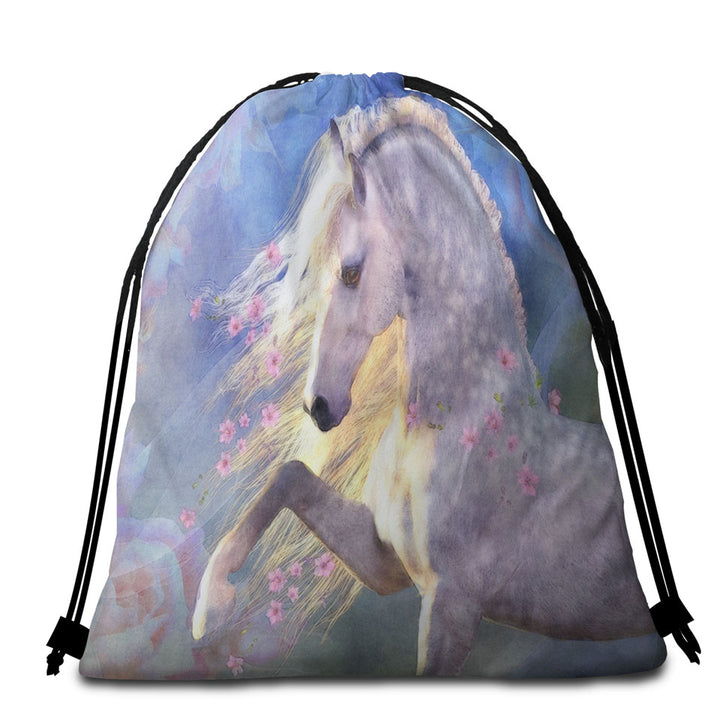 Horse Packable Beach Towel Art Beautiful Pink Flowery White Horse