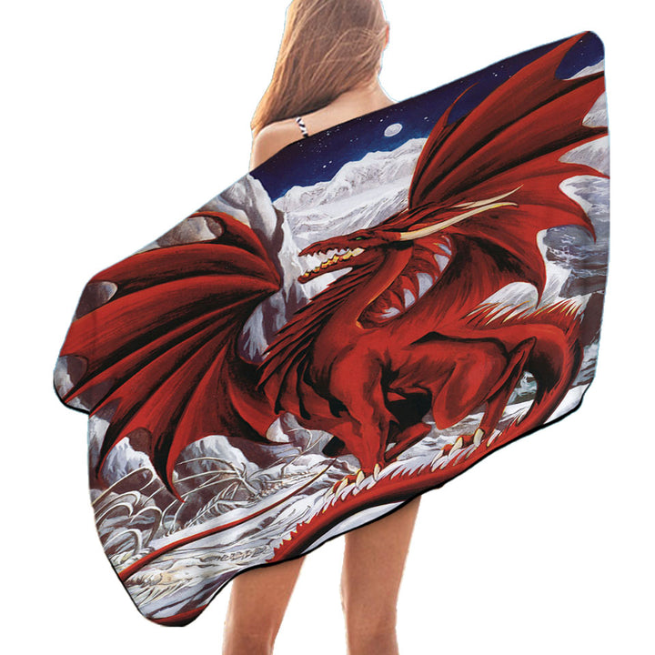 Inferno Red Dragon Drawing in the Mountains Pool Towel