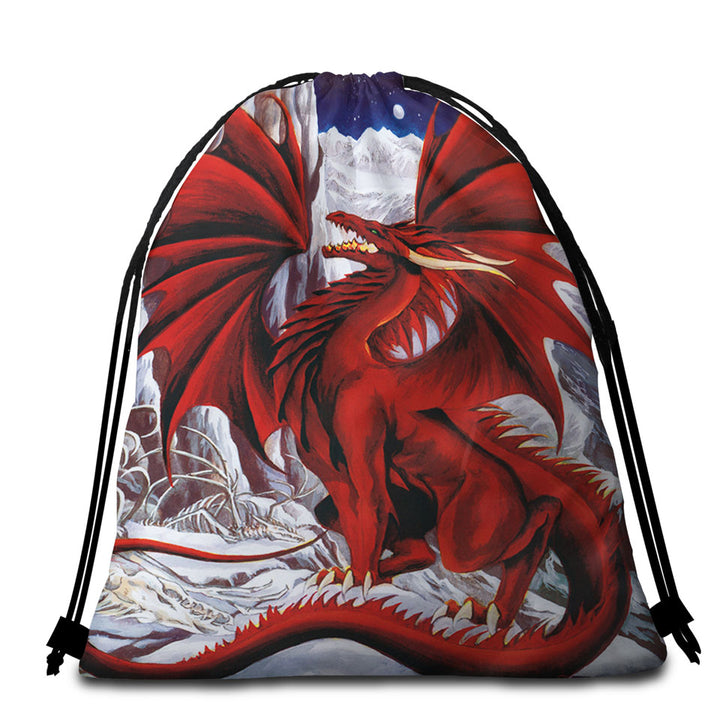 Inferno Red Dragon Drawing in the Mountains Round Towel