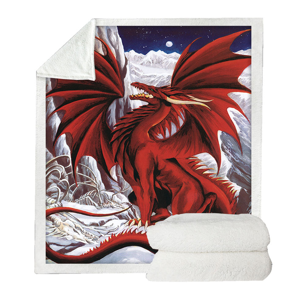 Inferno Red Dragon Drawing in the Mountains Sherpa Throw Blanket