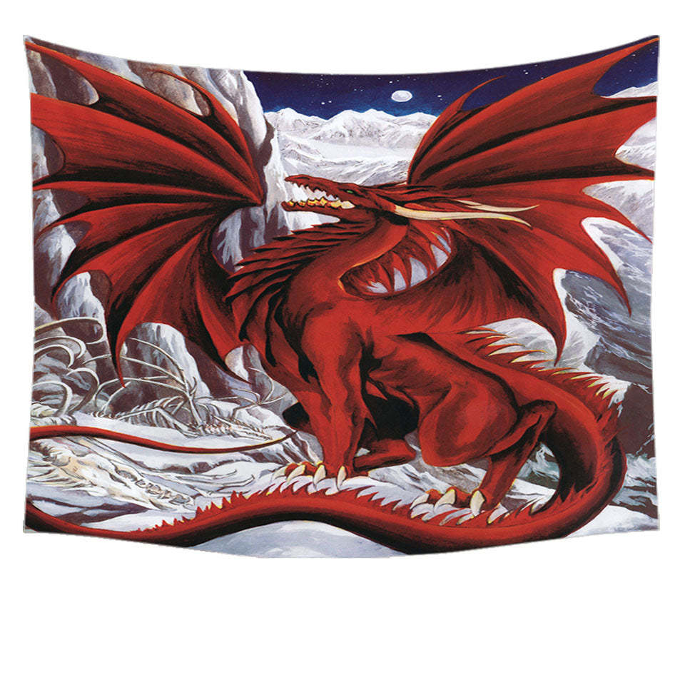 Inferno Red Dragon Drawing in the Mountains Tapestry