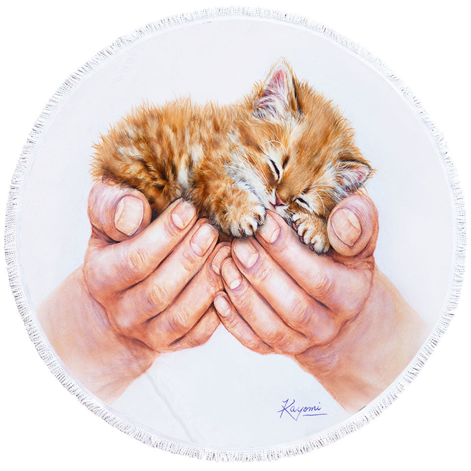 Inspiring Round Beach Towel Cat Art Drawings Embrace Kitten