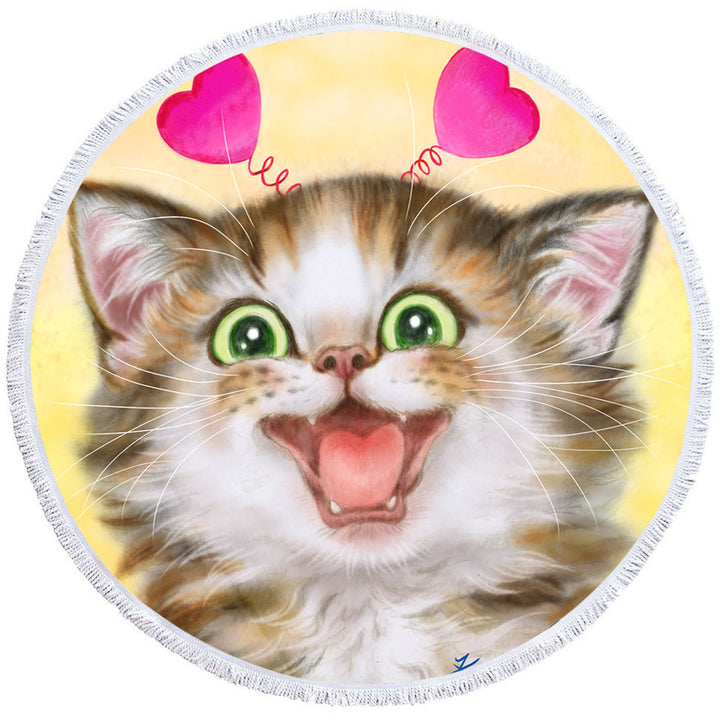 Joyful Round Beach Towel Kitten Heart Ear Headband for Children