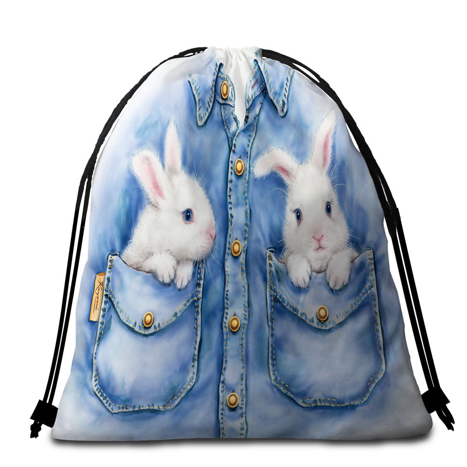 Kids Adorable Animal Drawings Pocket Bunnies Beach Towel Bags