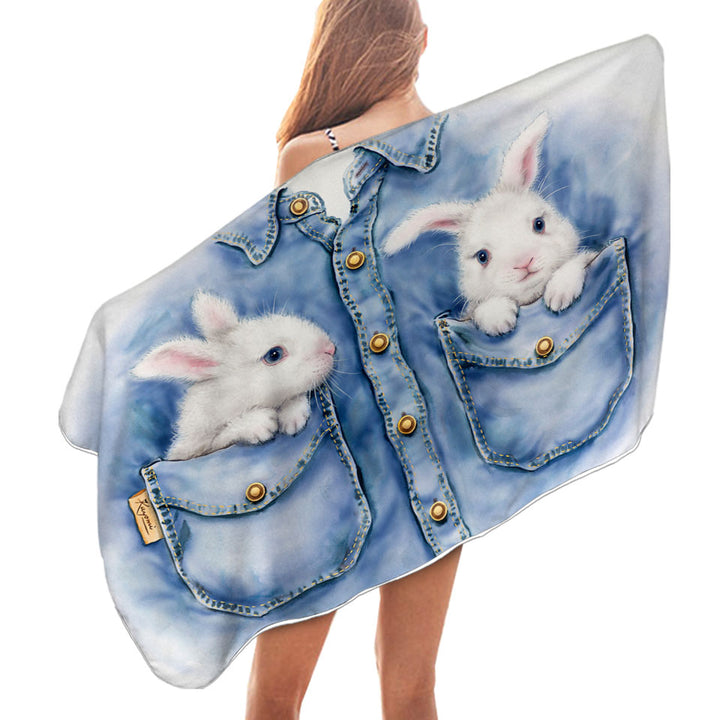 Kids Adorable Animal Drawings Pocket Bunnies Beach Towels