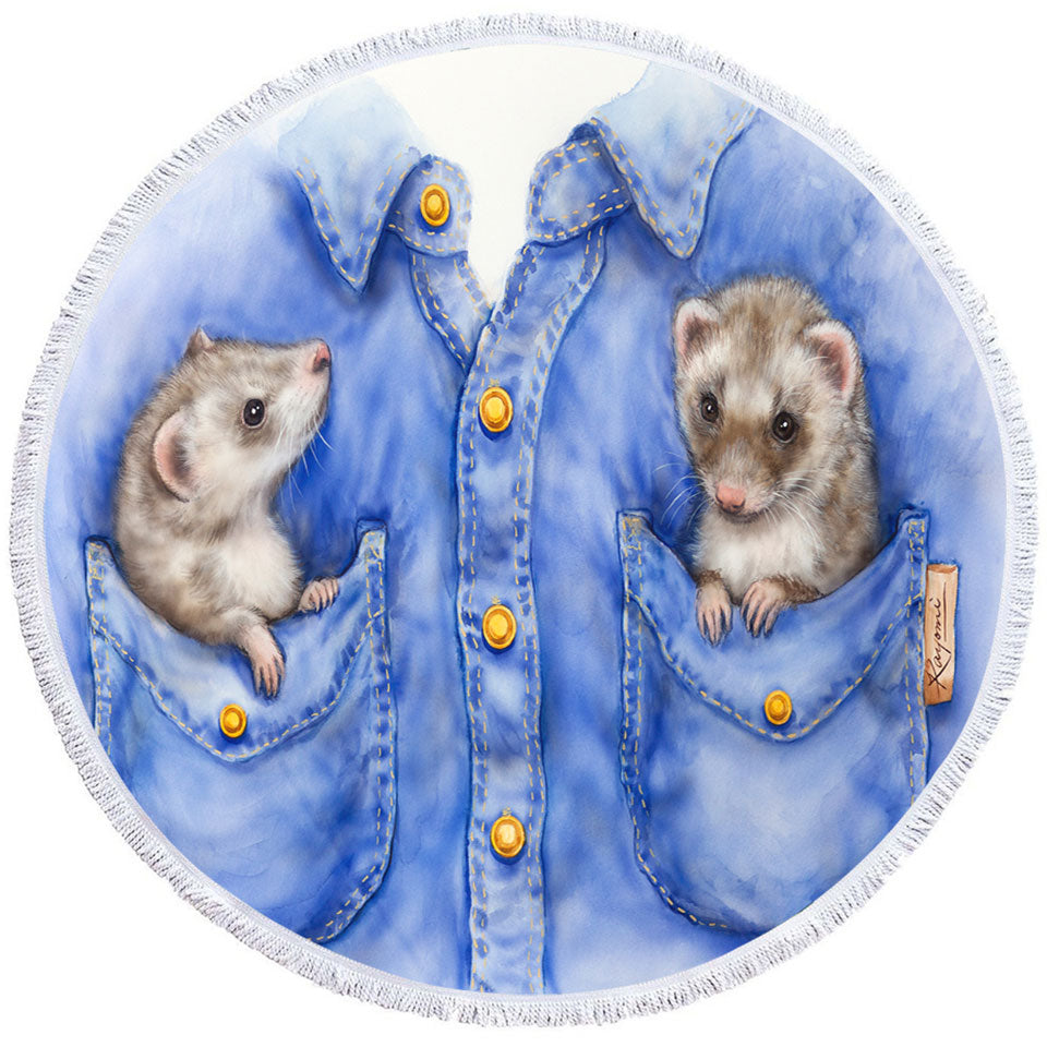 Kids Adorable Animal Drawings Pocket Ferrets Round Beach Towel